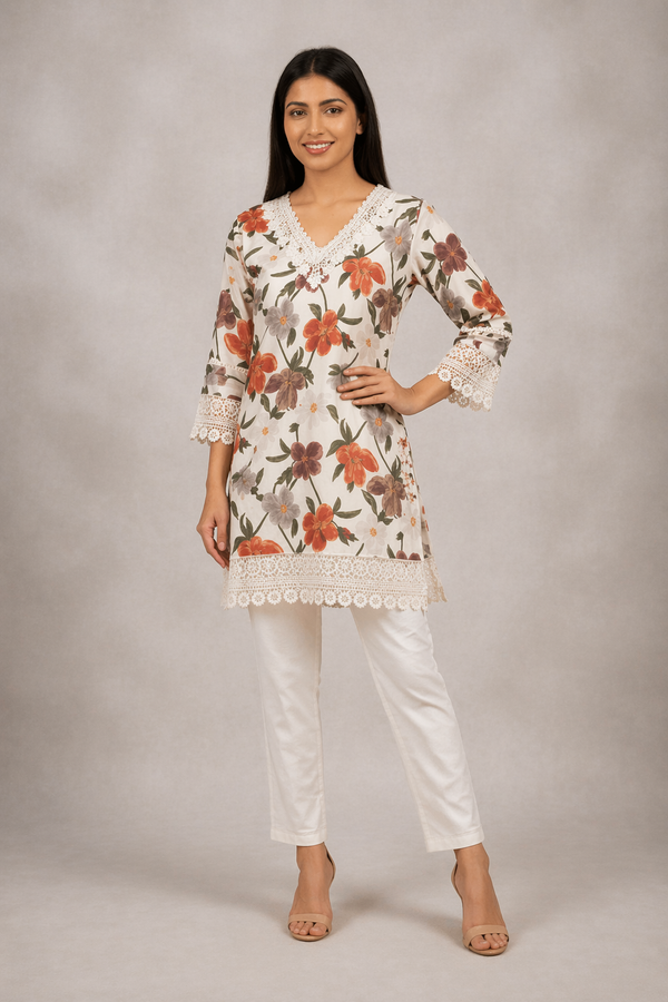 Floral Lace-Trimmed Kurti