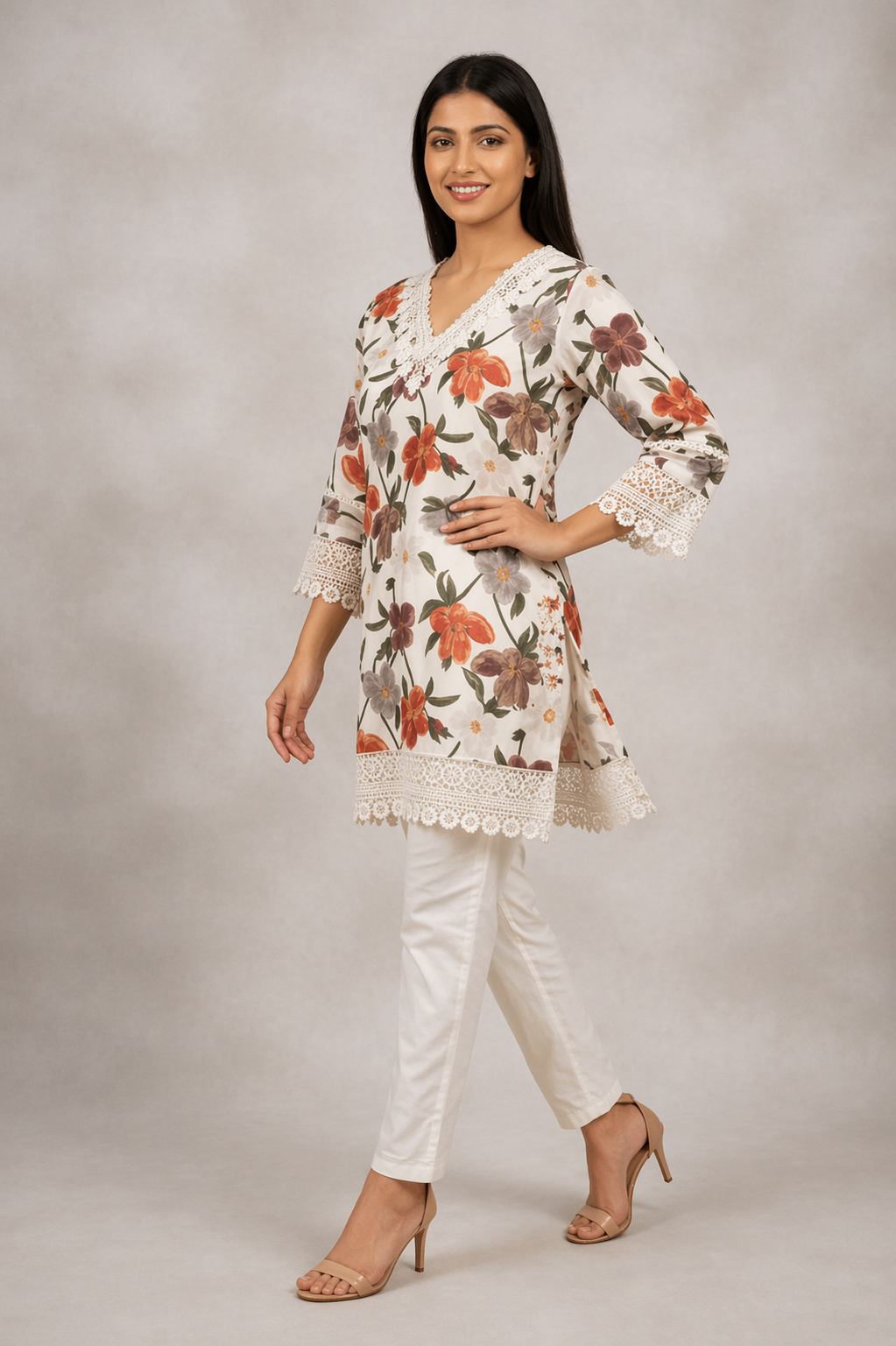 Floral Lace-Trimmed Kurti