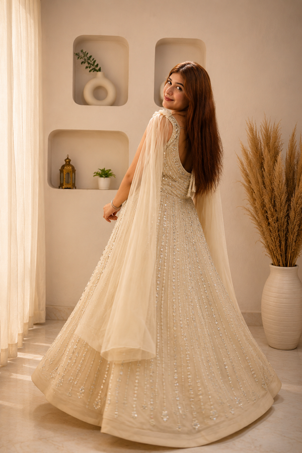 Champagne Ivory Embellished Mesh Gown