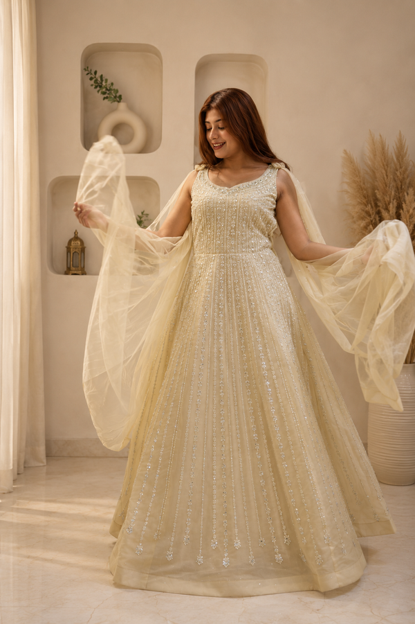 Champagne Ivory Embellished Mesh Gown