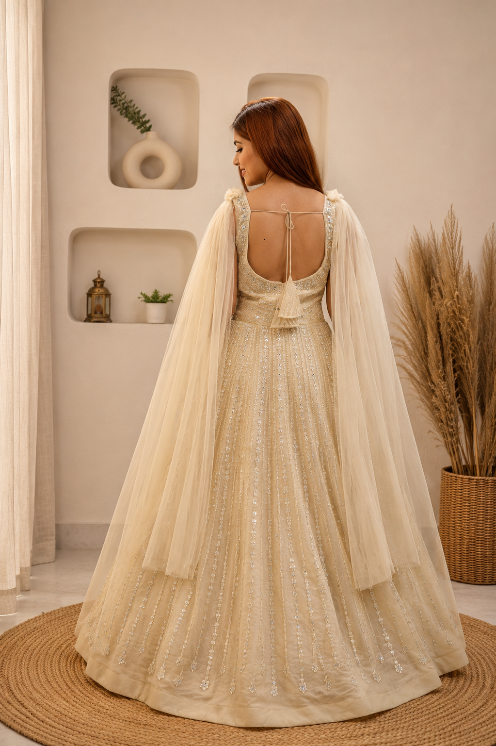 Champagne Ivory Embellished Mesh Gown