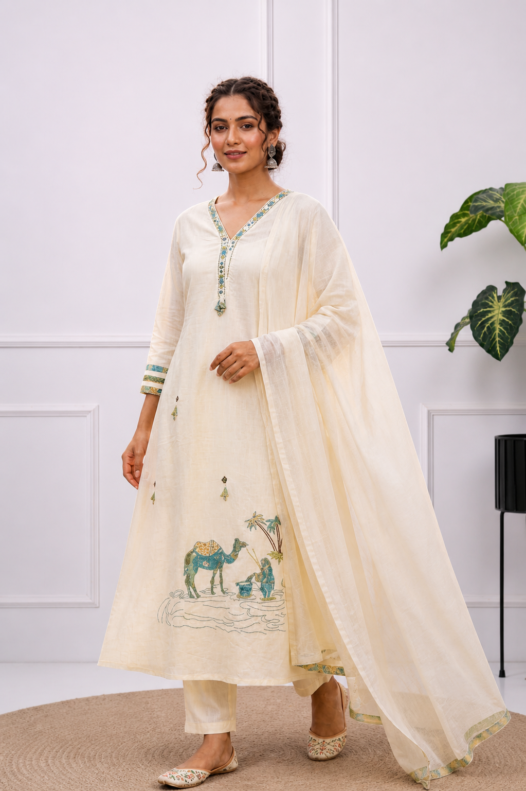 Desert Oasis Thread-Work Anarkali Set with Mirror-Work Dupatta