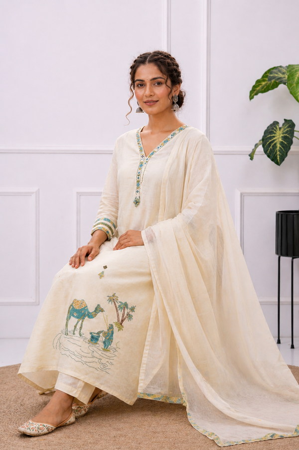 Desert Oasis Thread-Work Anarkali Set with Mirror-Work Dupatta