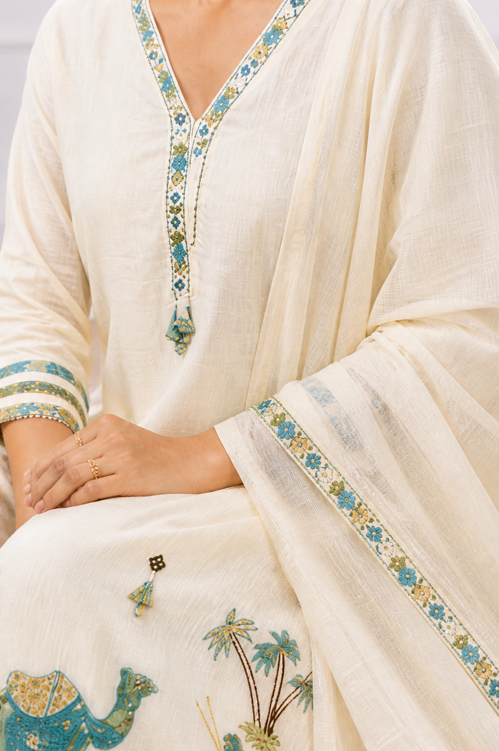 Desert Oasis Thread-Work Anarkali Set with Mirror-Work Dupatta