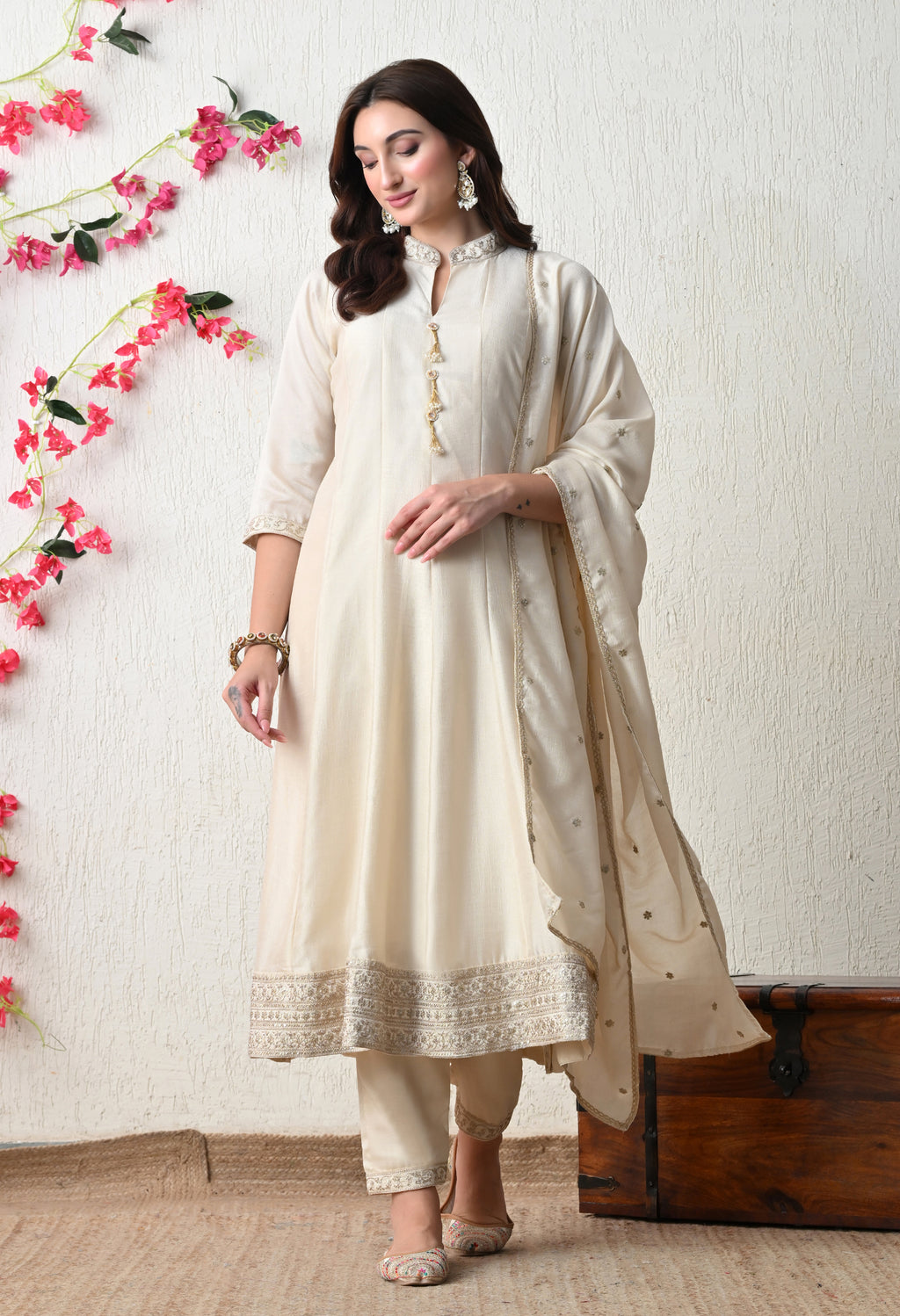 Pristine Ivory Embroidered Anarkali Suit Set