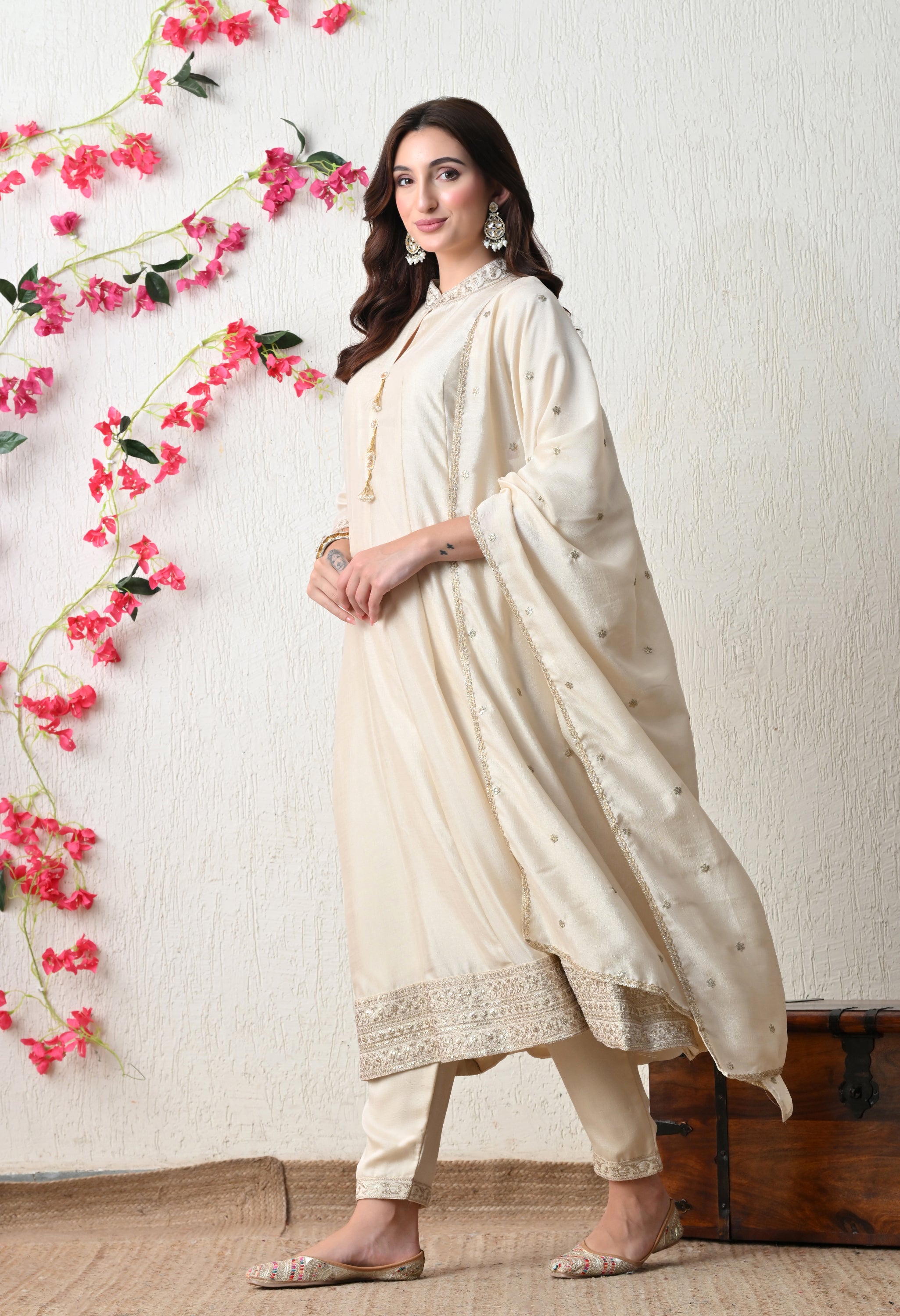 Pristine Ivory Embroidered Anarkali Suit Set