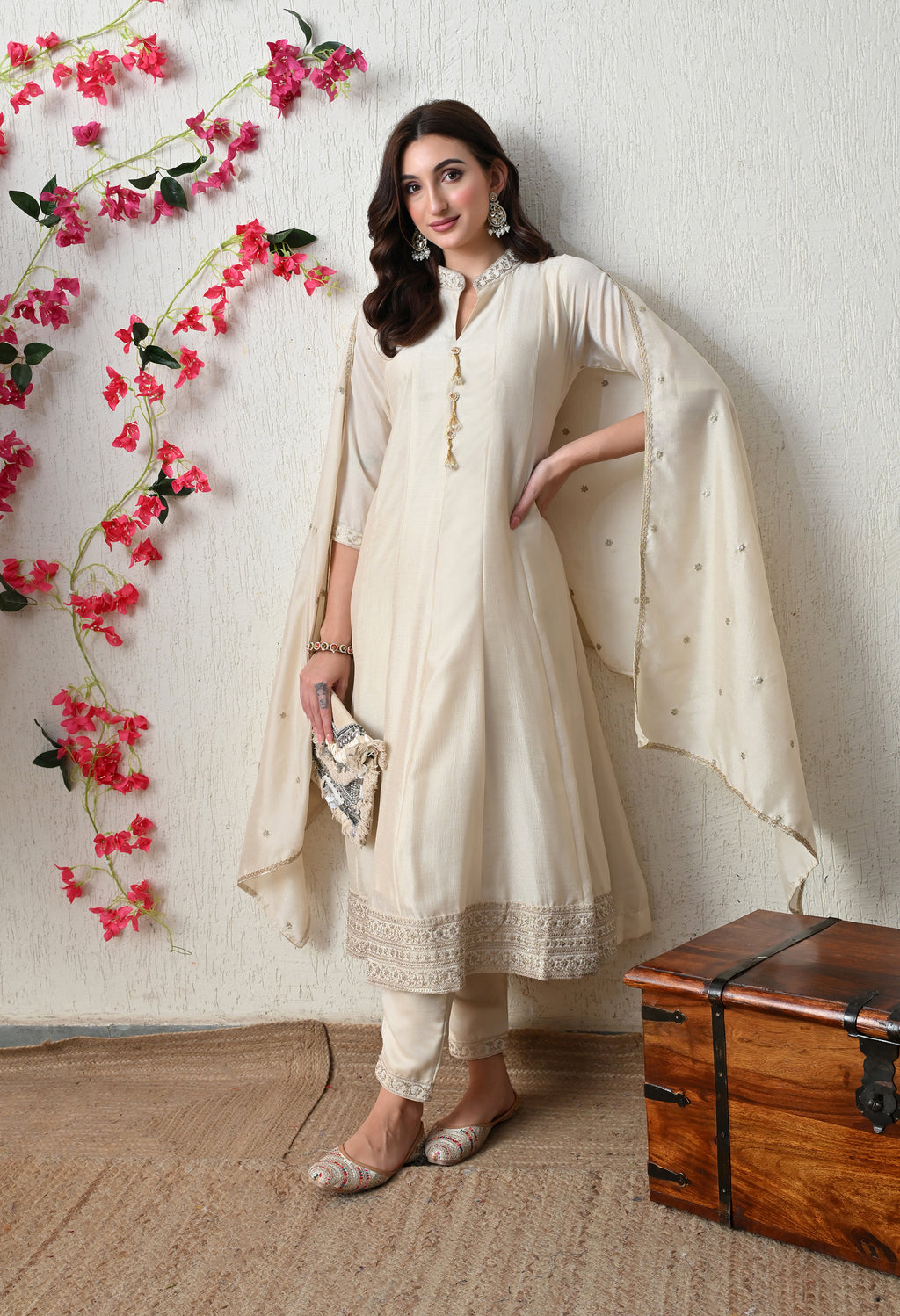 Pristine Ivory Embroidered Anarkali Suit Set