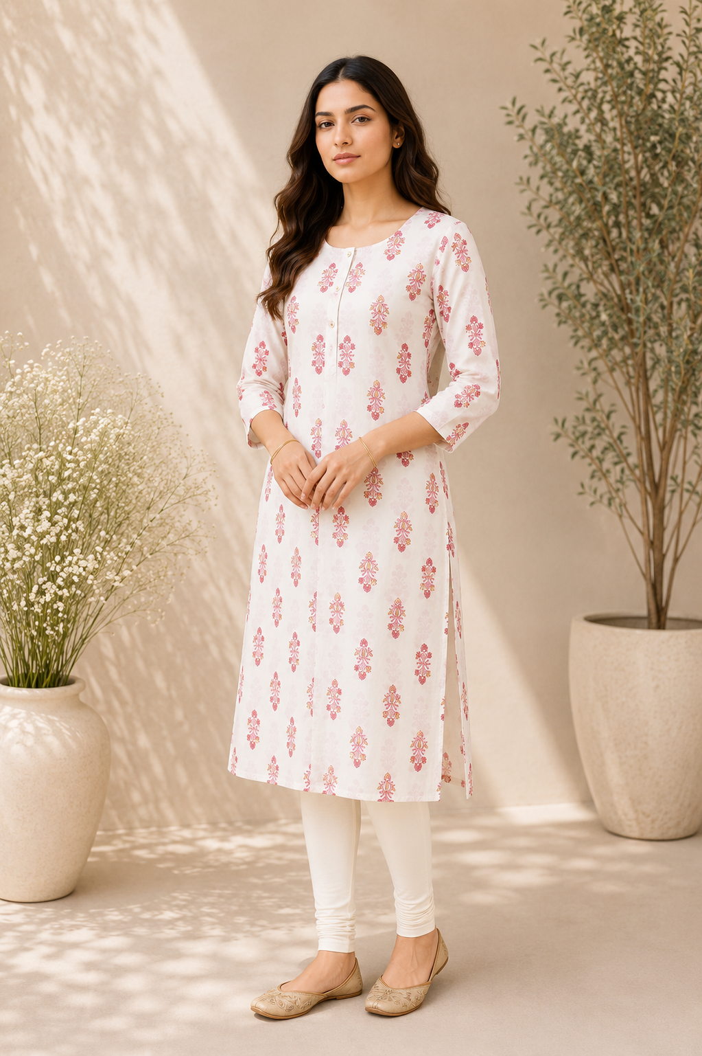 Ivory White & Pink Printed Kurti