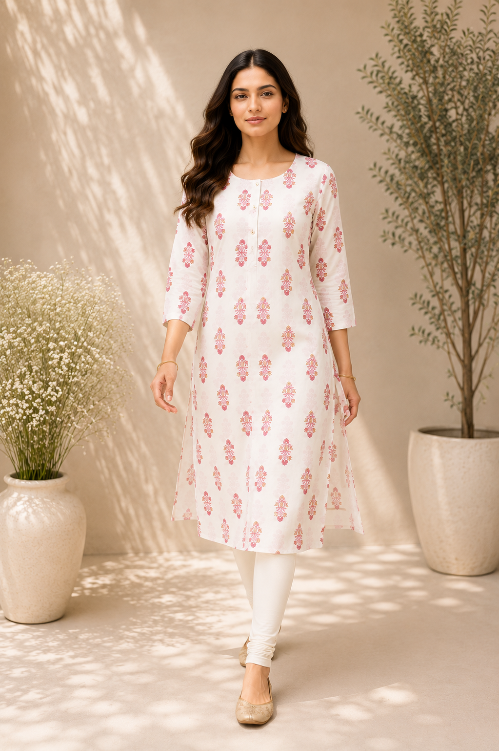 Ivory White & Pink Printed Kurti