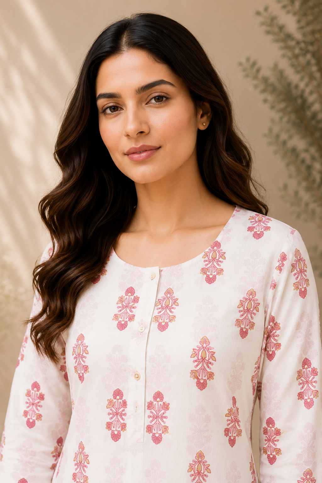 Ivory White & Pink Printed Kurti