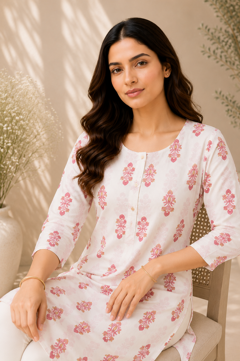 Ivory White & Pink Printed Kurti
