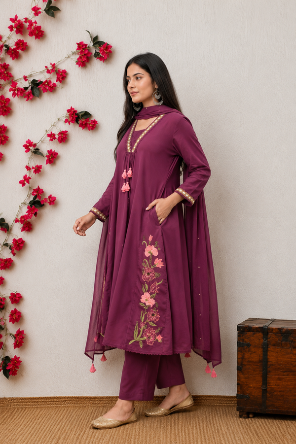 Wine mal Cotton A-Line kurta set