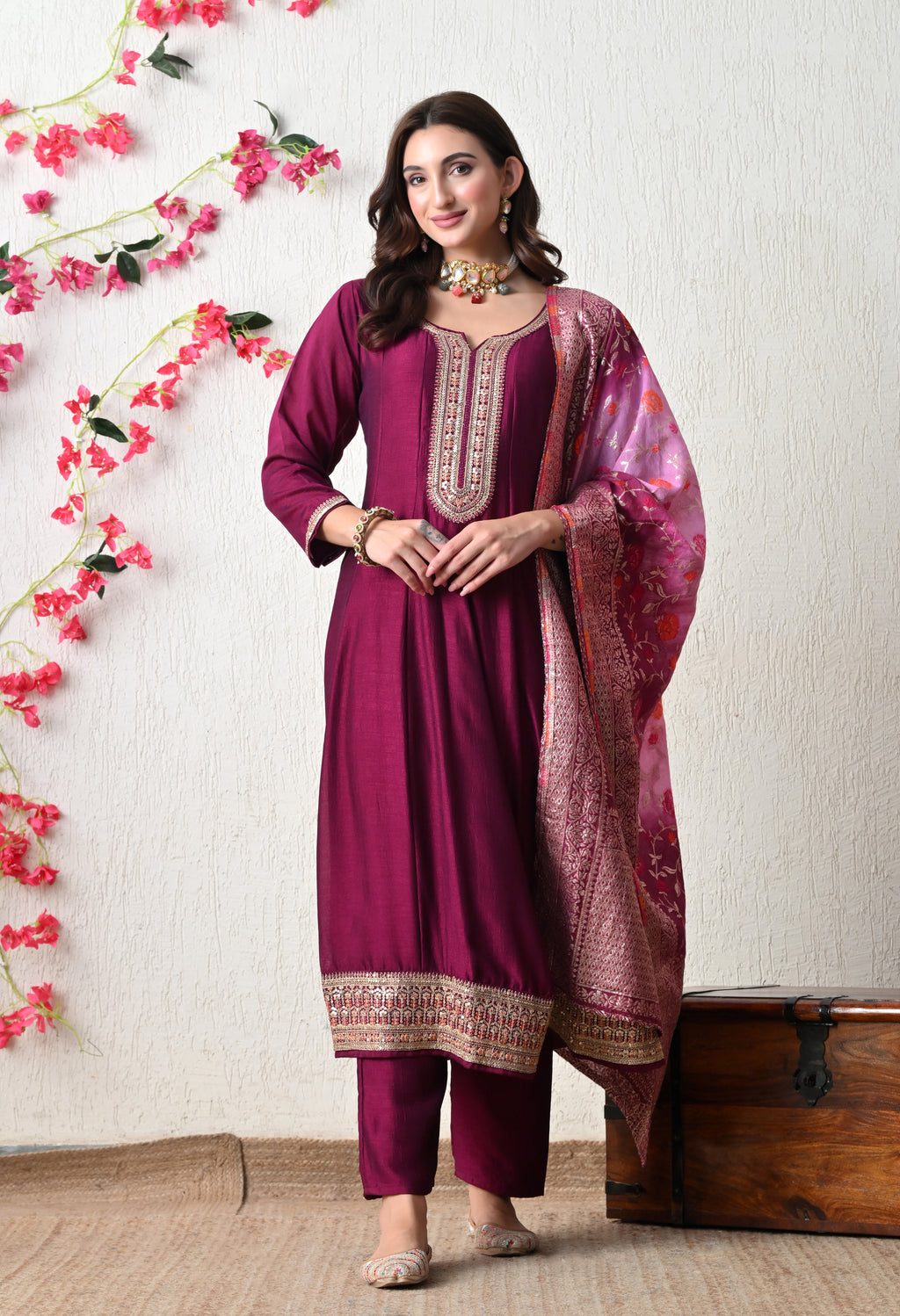 Elegant Wine Embroidered Anarkali Suit Set