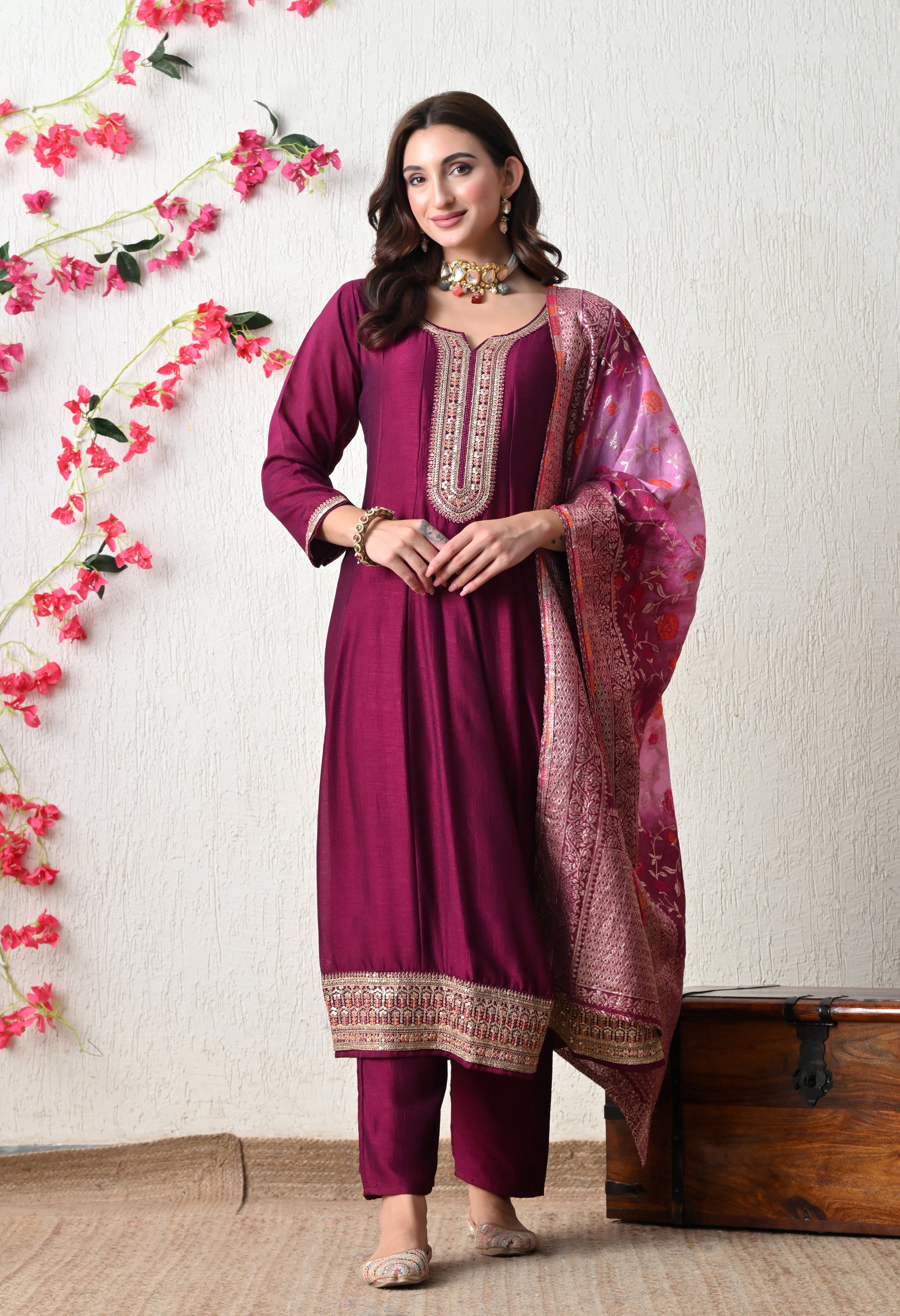 Elegant Wine Embroidered Anarkali Suit Set