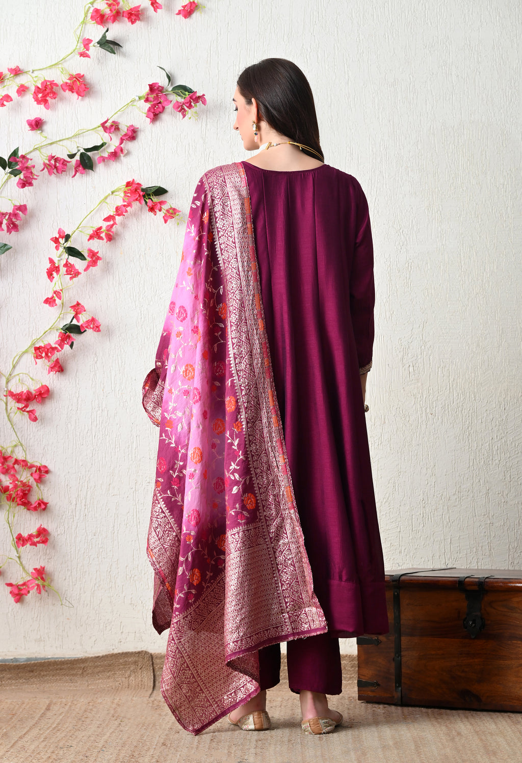 Elegant Wine Embroidered Anarkali Suit Set
