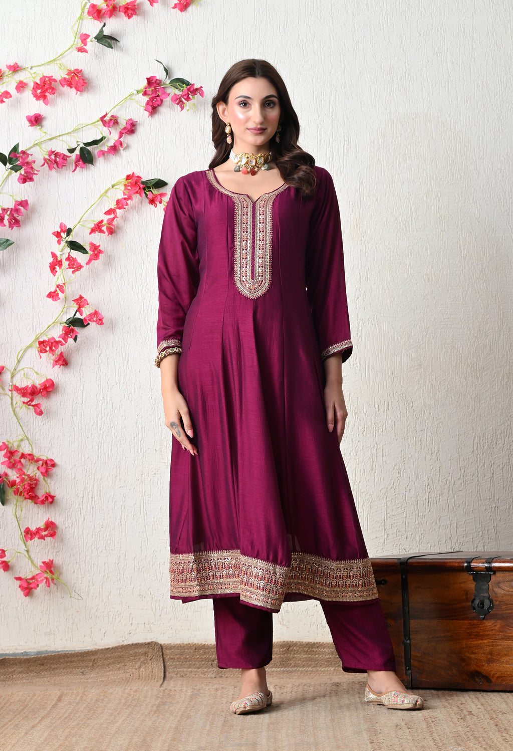 Elegant Wine Embroidered Anarkali Suit Set