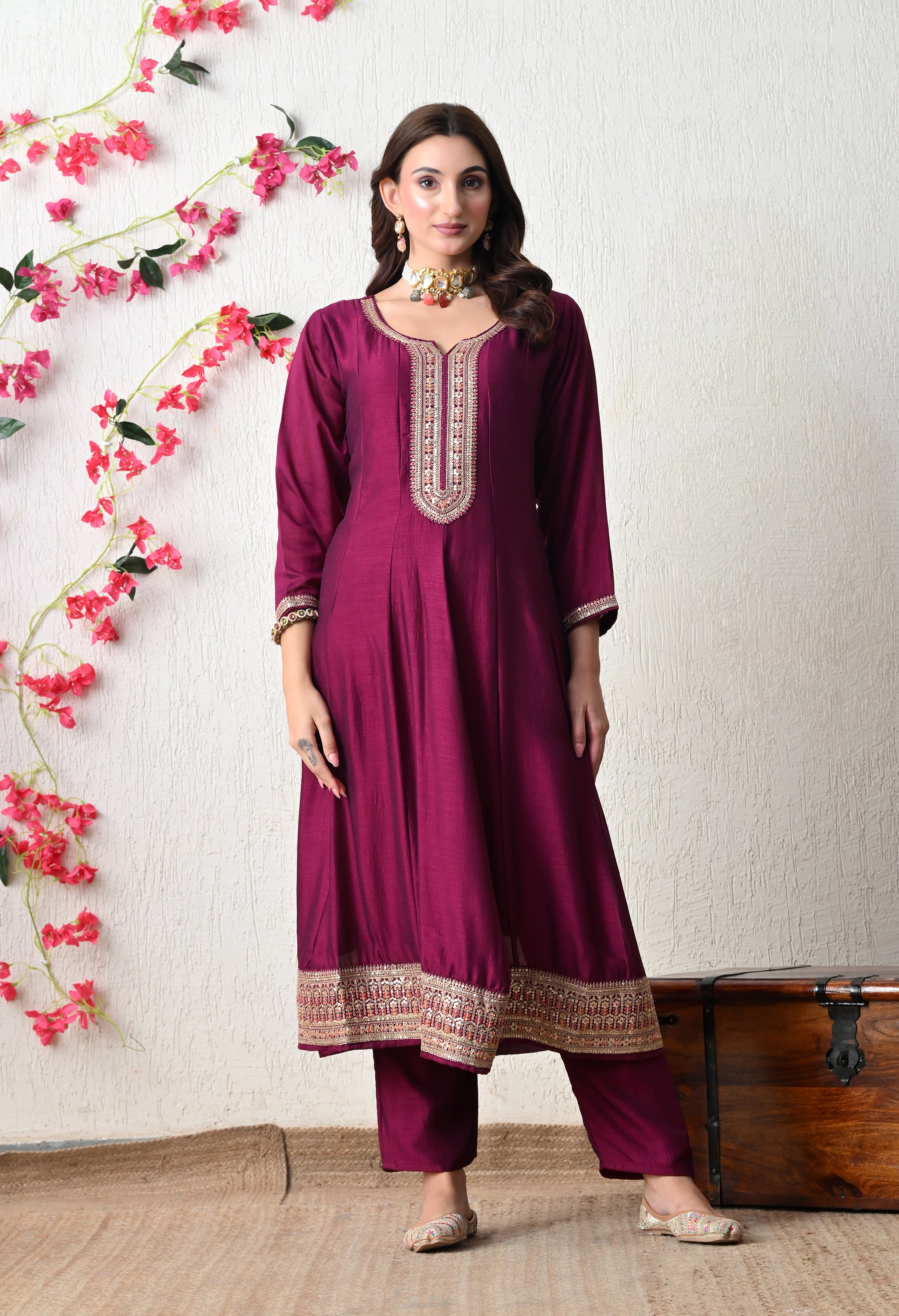 Elegant Wine Embroidered Anarkali Suit Set