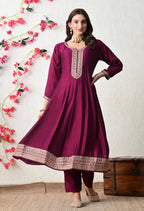 Elegant Wine Embroidered Anarkali Suit Set