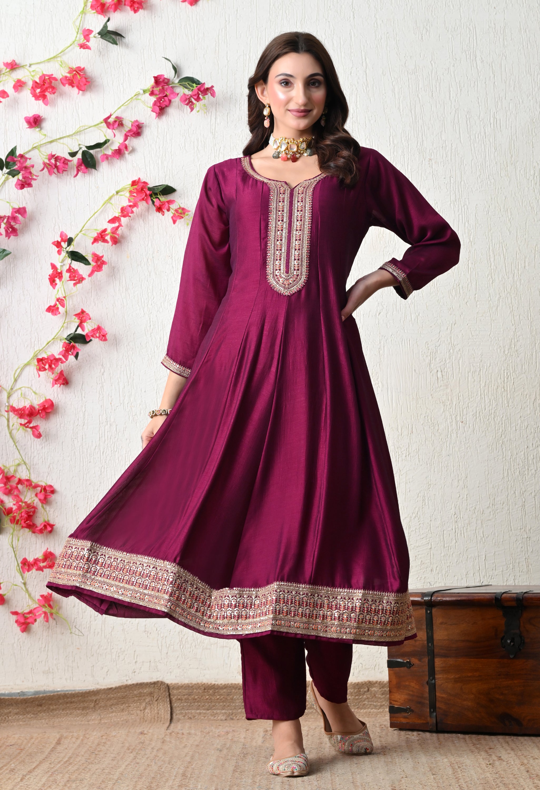 Elegant Wine Embroidered Anarkali Suit Set
