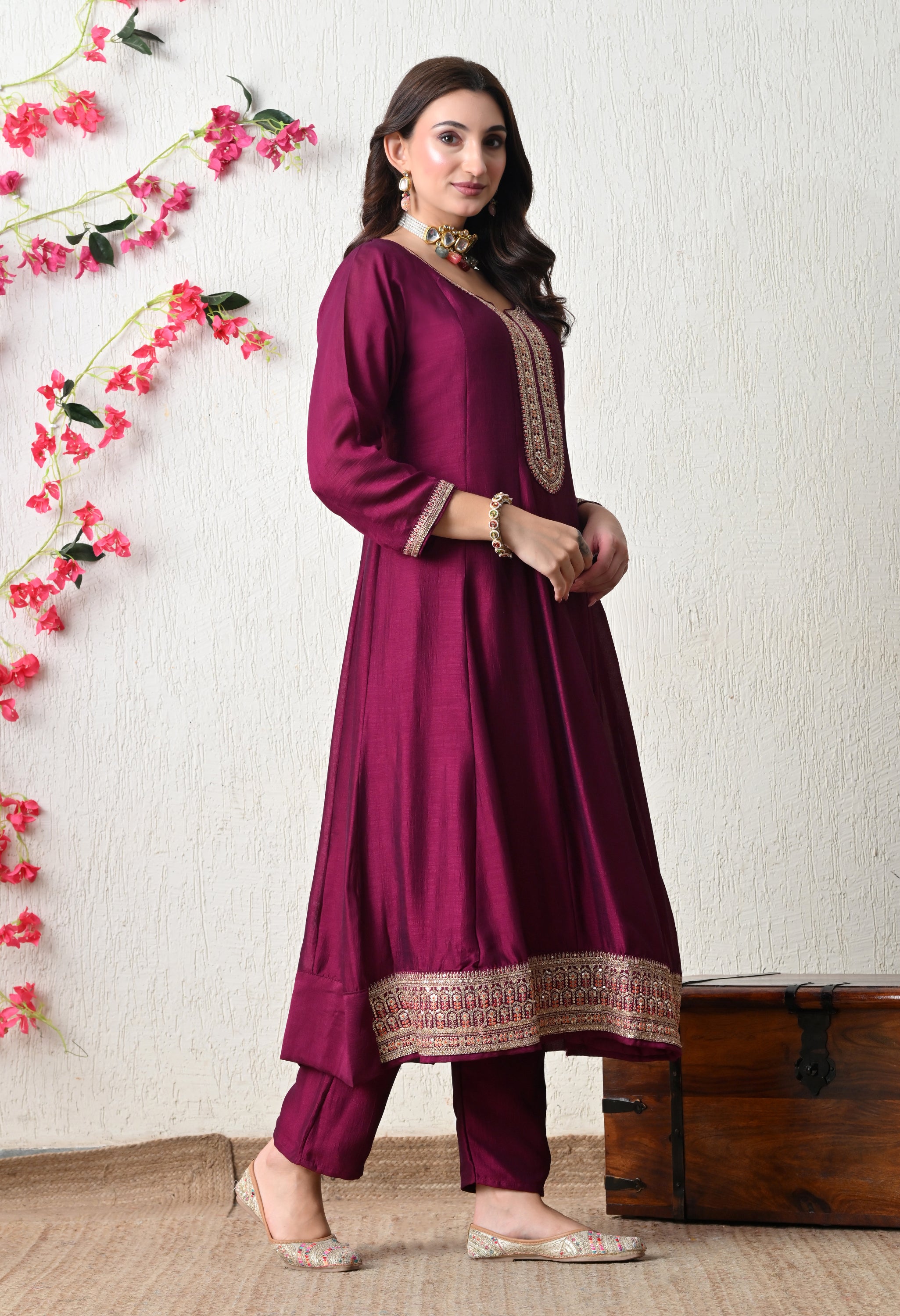 Elegant Wine Embroidered Anarkali Suit Set