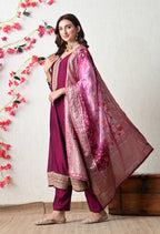Elegant Wine Embroidered Anarkali Suit Set