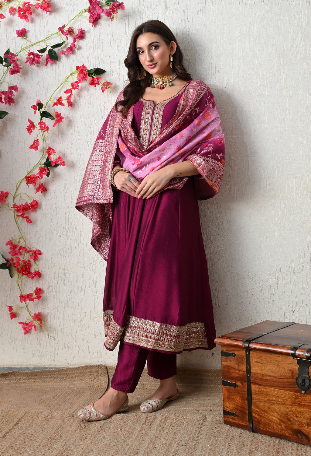 Elegant Wine Embroidered Anarkali Suit Set