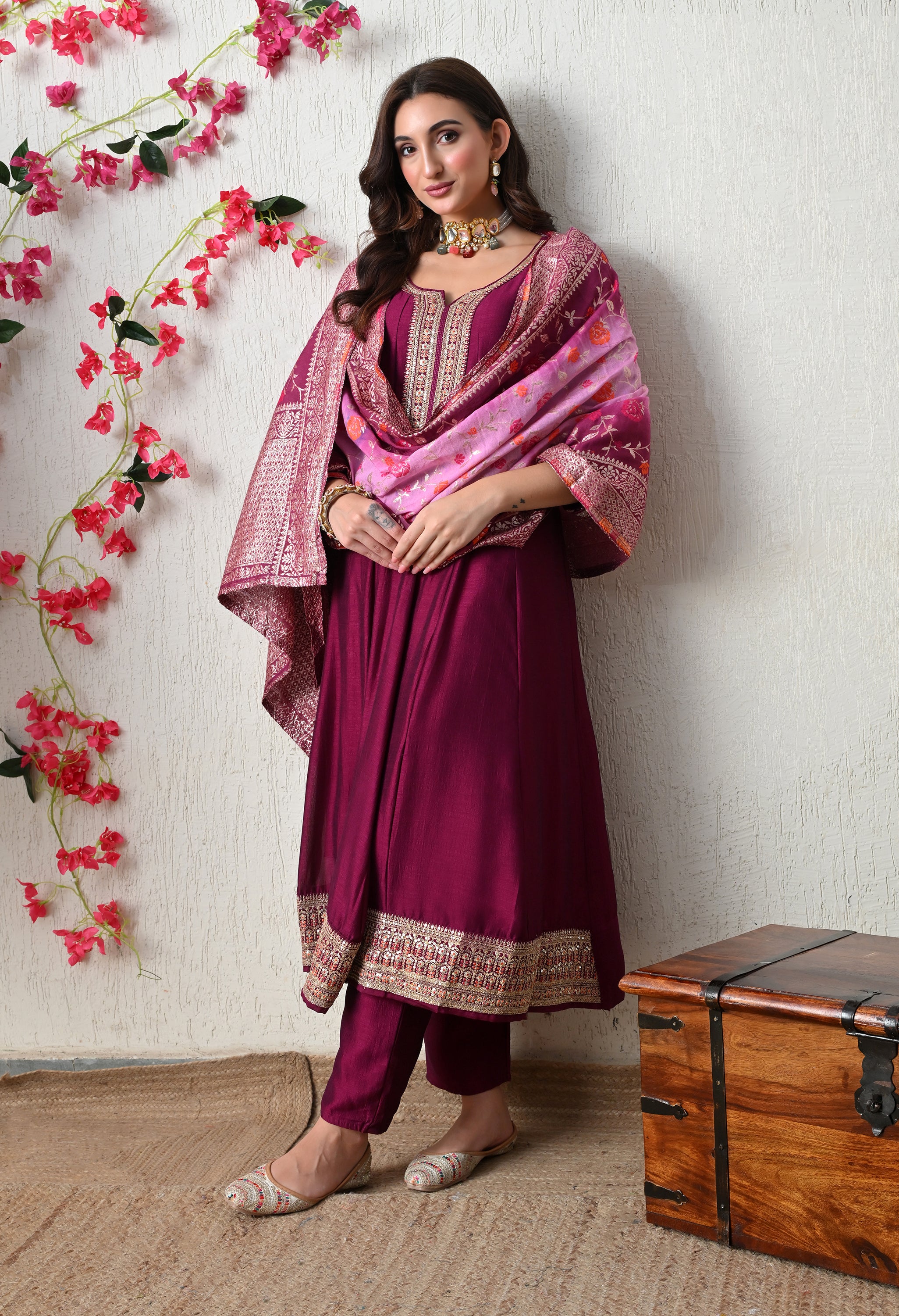 Elegant Wine Embroidered Anarkali Suit Set