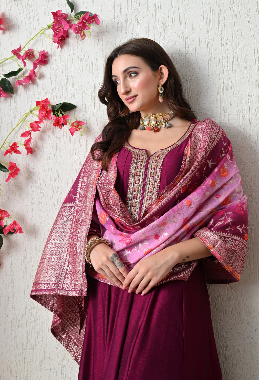 Elegant Wine Embroidered Anarkali Suit Set