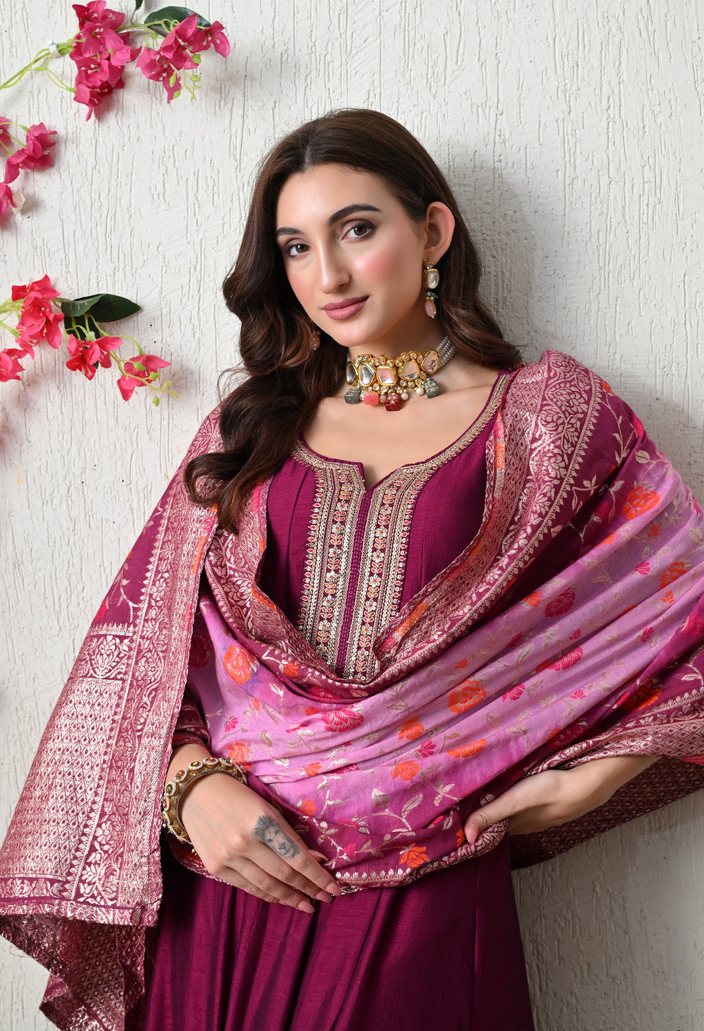 Elegant Wine Embroidered Anarkali Suit Set