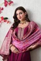 Elegant Wine Embroidered Anarkali Suit Set