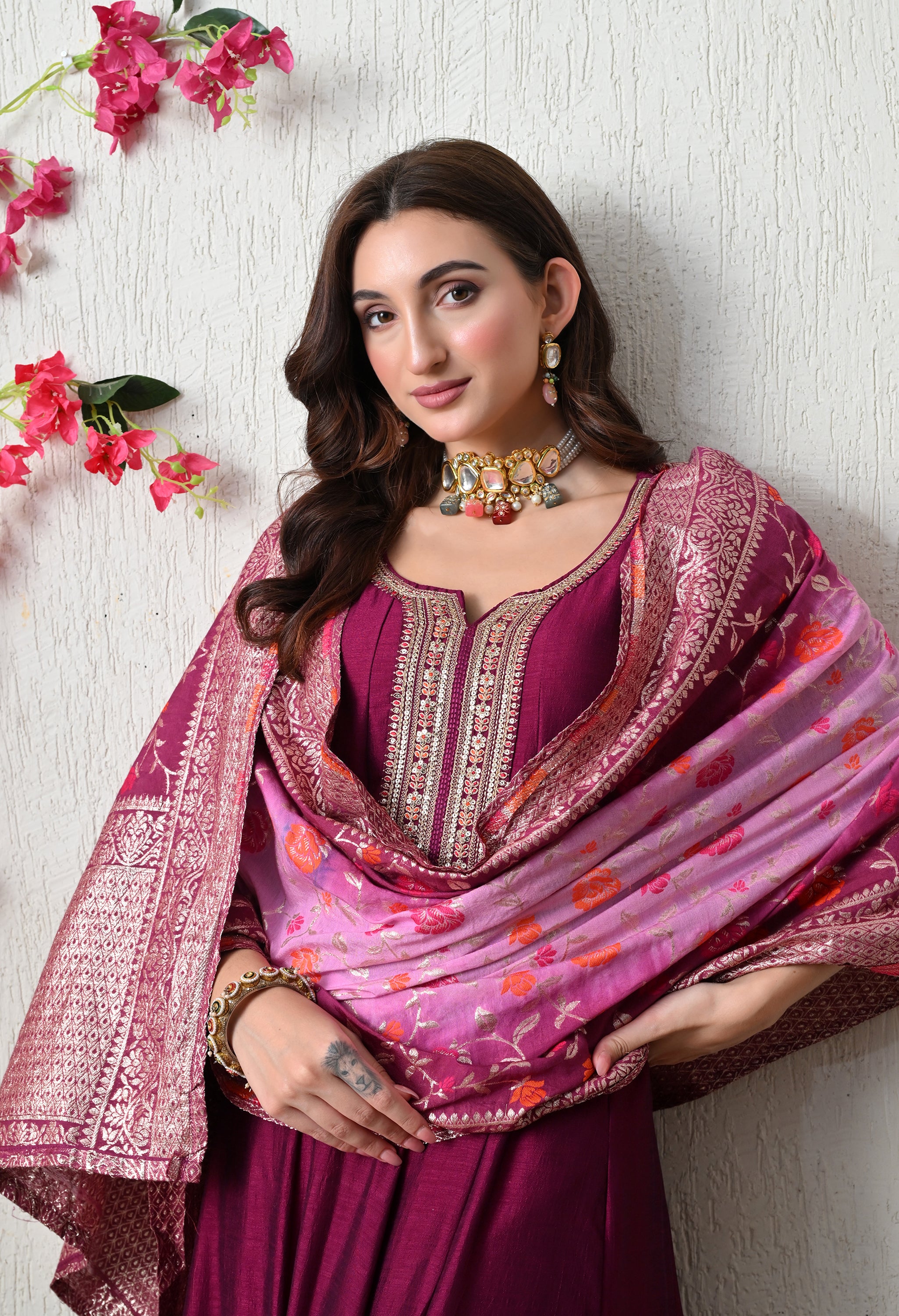 Elegant Wine Embroidered Anarkali Suit Set