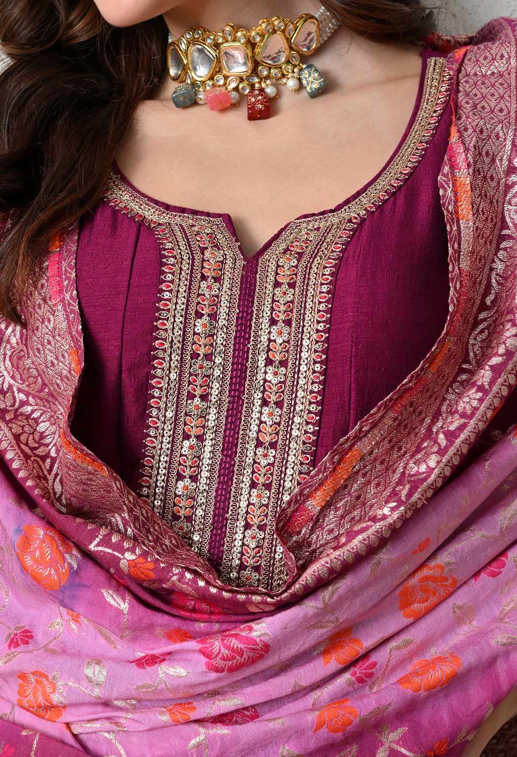 Elegant Wine Embroidered Anarkali Suit Set