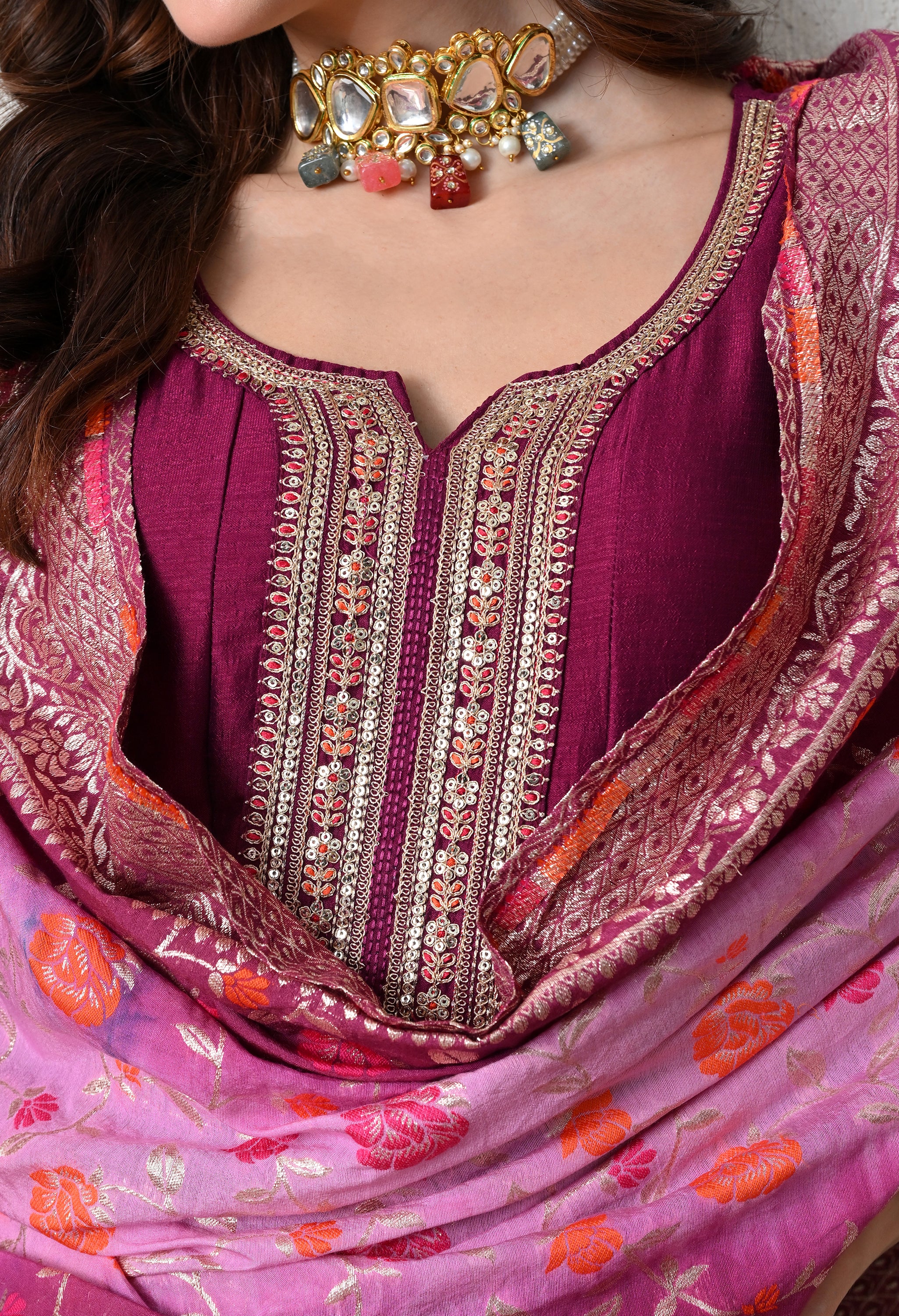 Elegant Wine Embroidered Anarkali Suit Set
