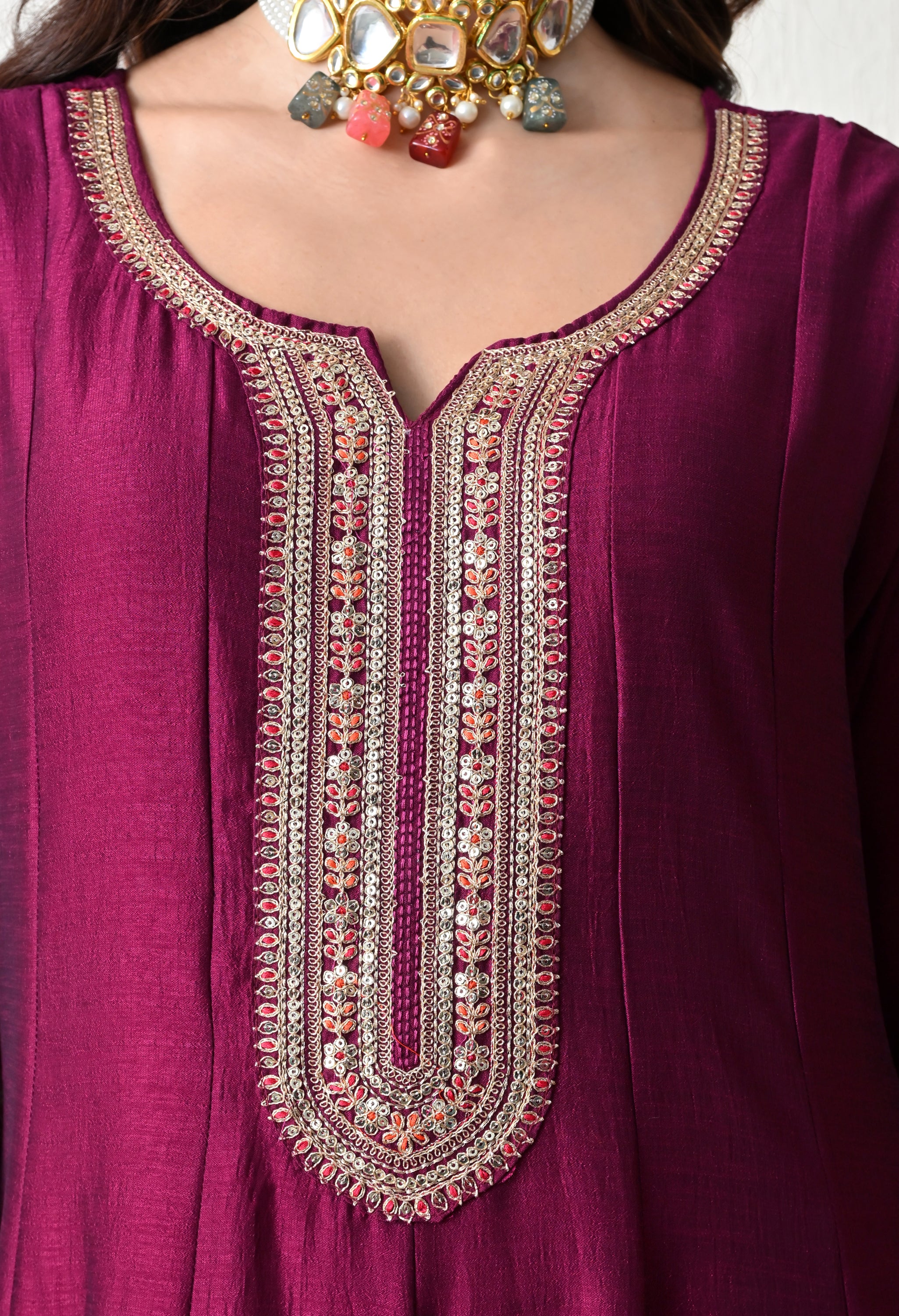 Elegant Wine Embroidered Anarkali Suit Set