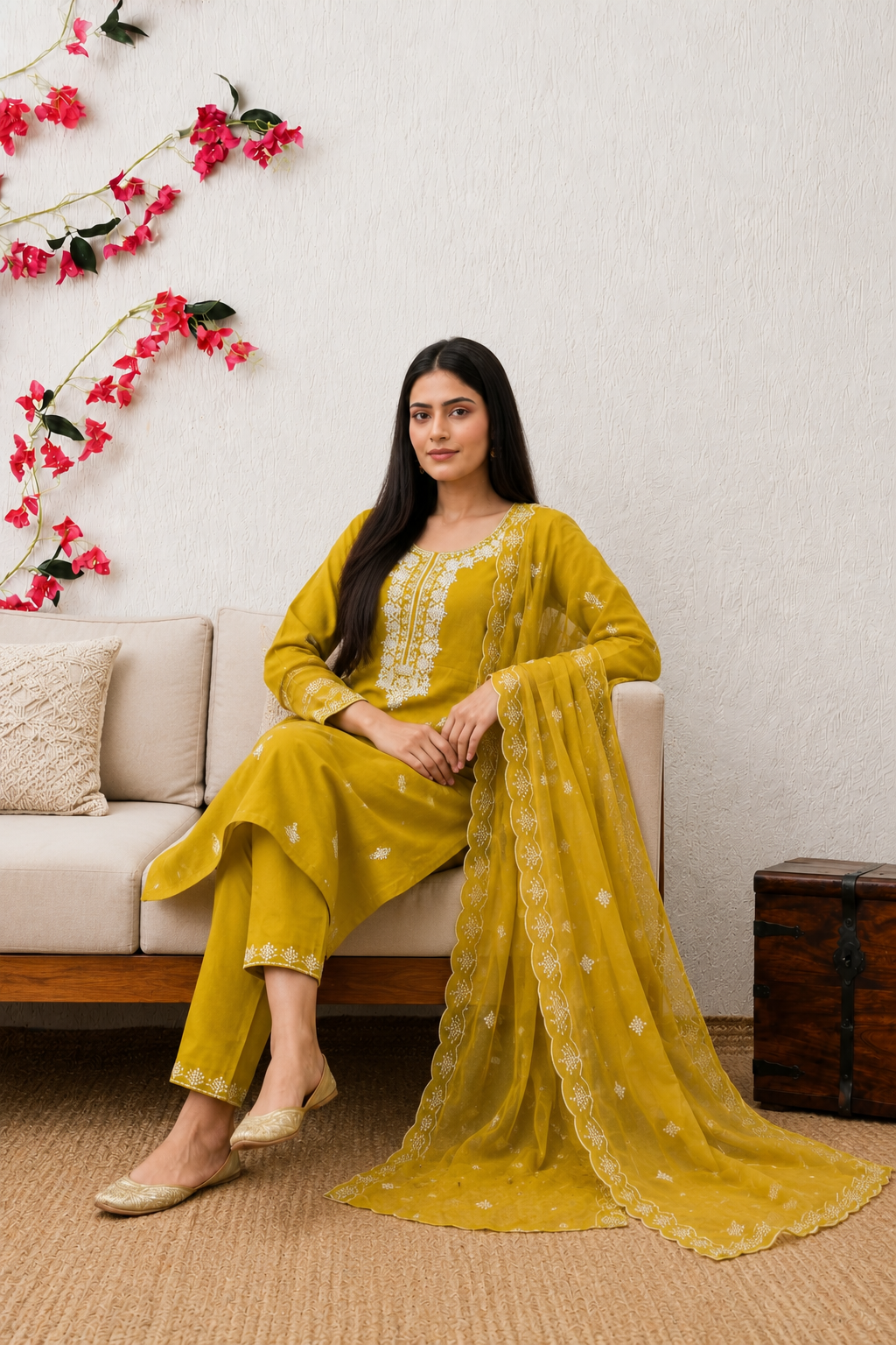 Mustard Magic: 3-Piece Intricate Embroidered Kurta Pant & Scalloped Dupatta Set
