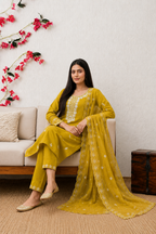 Mustard Magic: 3-Piece Intricate Embroidered Kurta Pant & Scalloped Dupatta Set