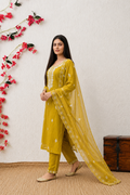 Mustard Magic: 3-Piece Intricate Embroidered Kurta Pant & Scalloped Dupatta Set