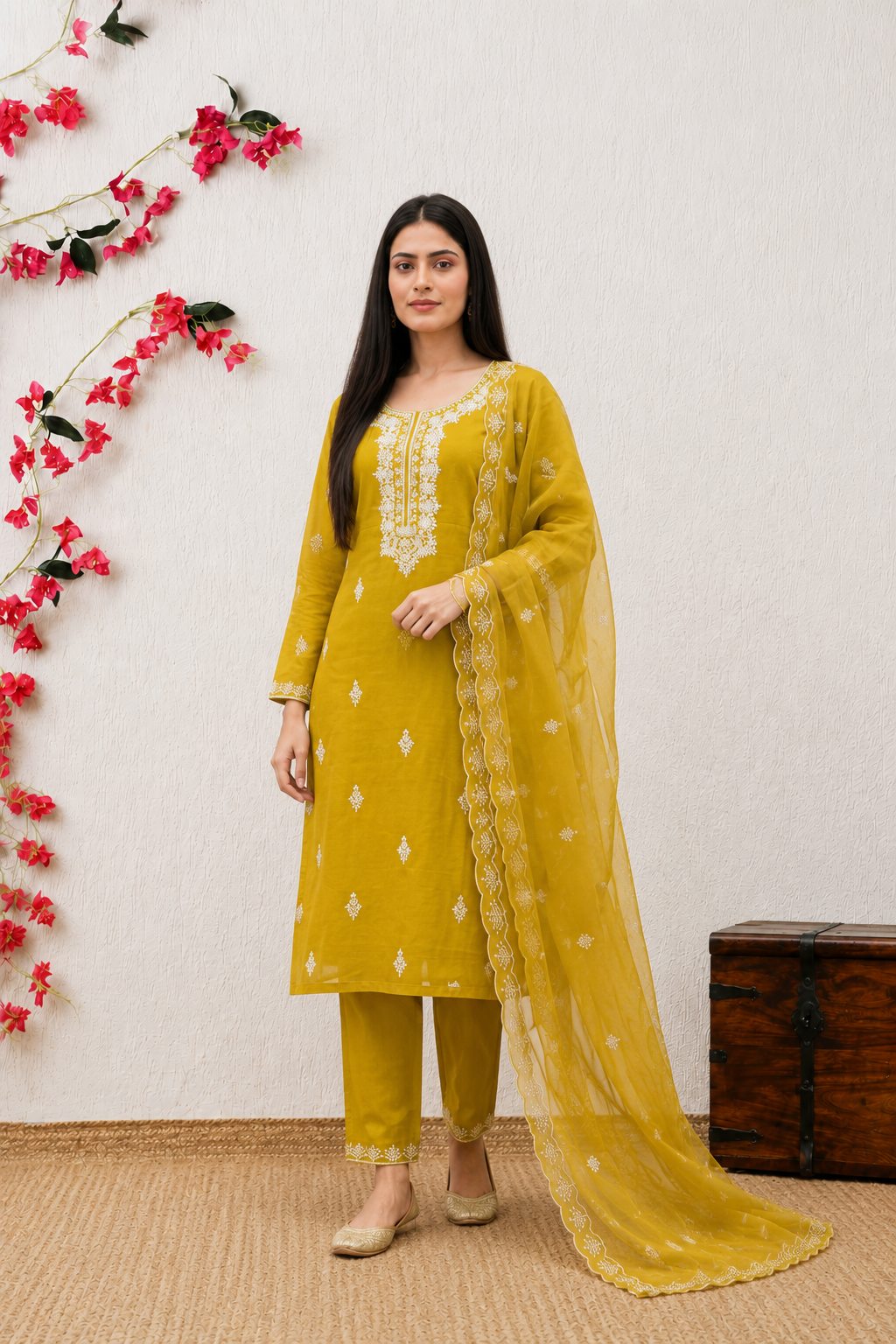 Mustard Magic: 3-Piece Intricate Embroidered Kurta Pant & Scalloped Dupatta Set
